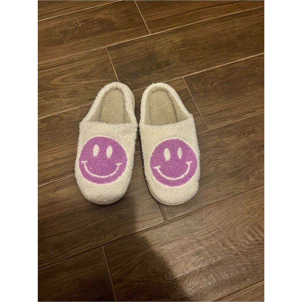Cozy Cream Slipper Mules with Purple Smiley